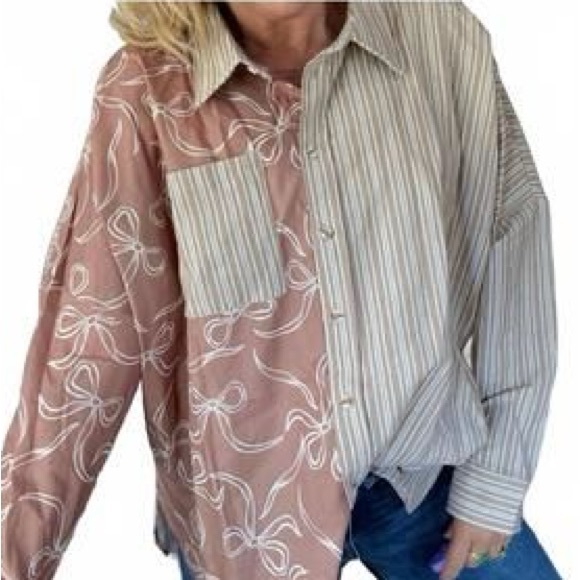 BiBi Tops - BiBi Cotton Blend Bows Stripes Oversized Button Down Size Medium